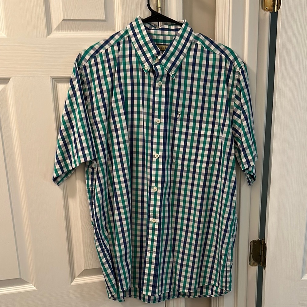 Green and Blue Casual Button Down Shirt with Checkered Pattern